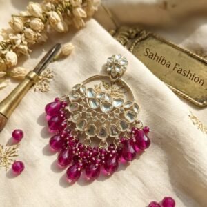 burgundy stone chandbali earrings with beads | anti tarnish party wear jhumka