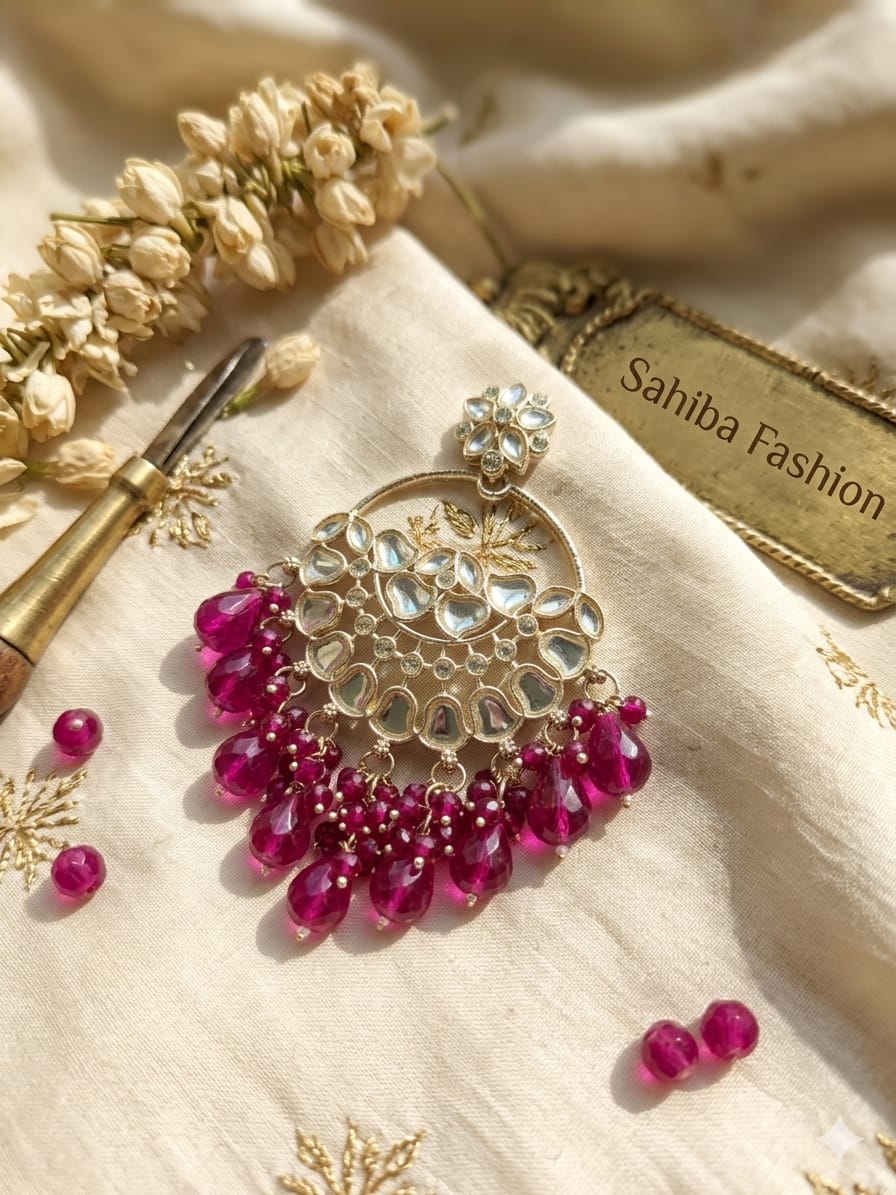burgundy stone chandbali earrings with beads | anti tarnish party wear jhumka burgundy stone chandbali earrings with beads | anti tarnish party wear jhumka