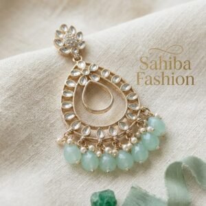 mint green teardrop statement earrings with beads | anti tarnish party wear jhumka