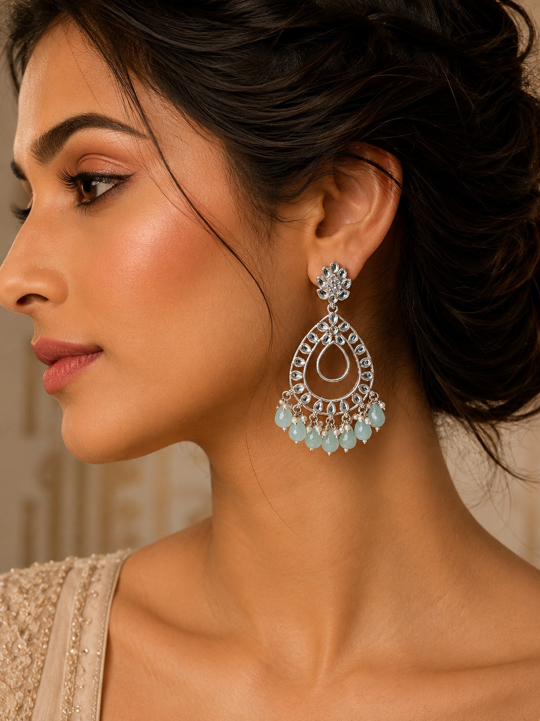 mint green teardrop statement earrings with beads | anti tarnish party wear jhumka mint green teardrop statement earrings with beads | anti tarnish party wear jhumka