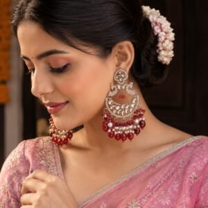 pink chandbali earrings with beads | anti tarnish festive statement jhumka