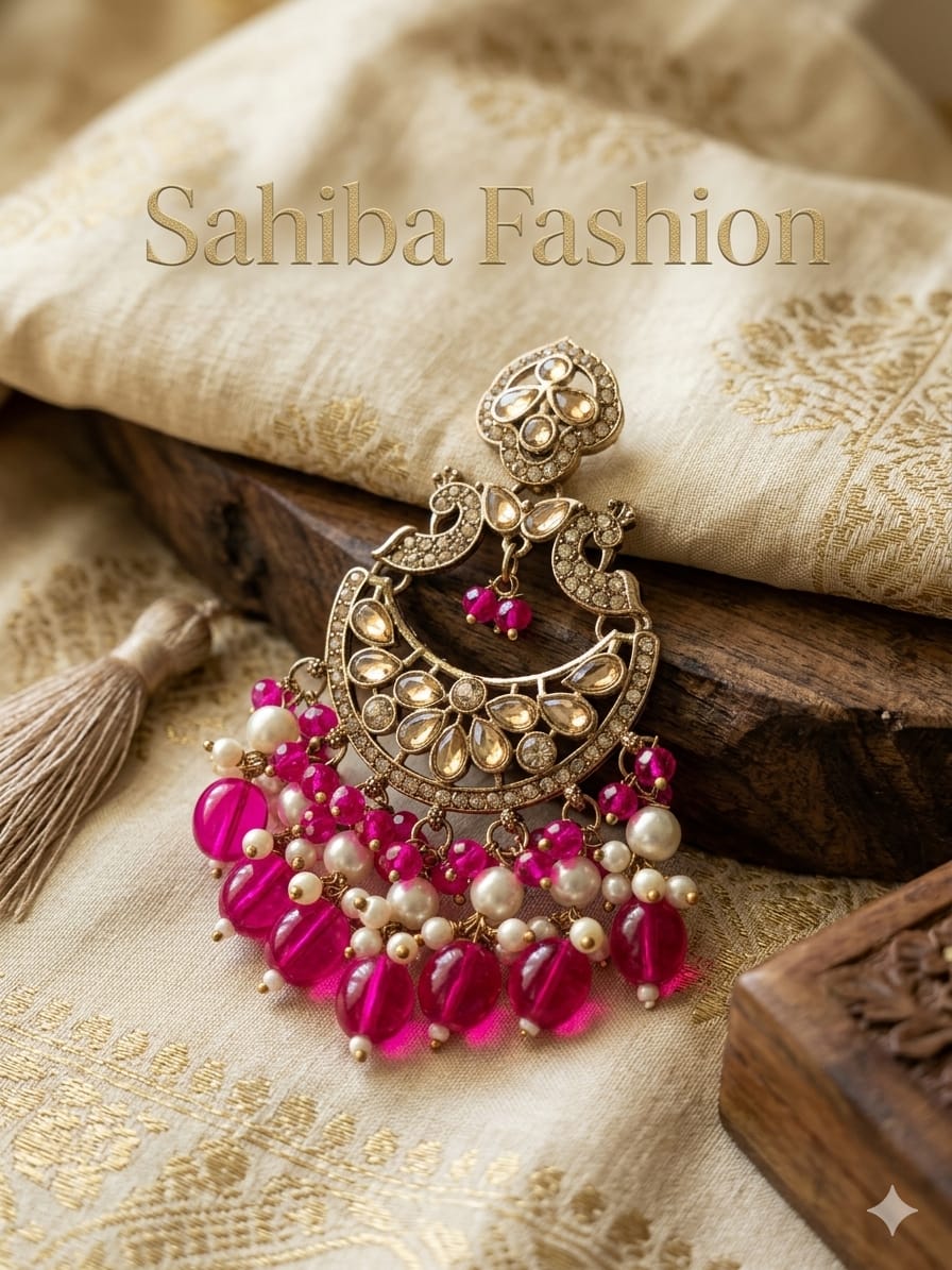 pink chandbali earrings with beads | anti tarnish festive statement jhumka pink chandbali earrings with beads | anti tarnish festive statement jhumka