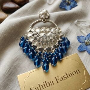 royal blue stone chandbali earrings with beads | anti tarnish party wear jhumka