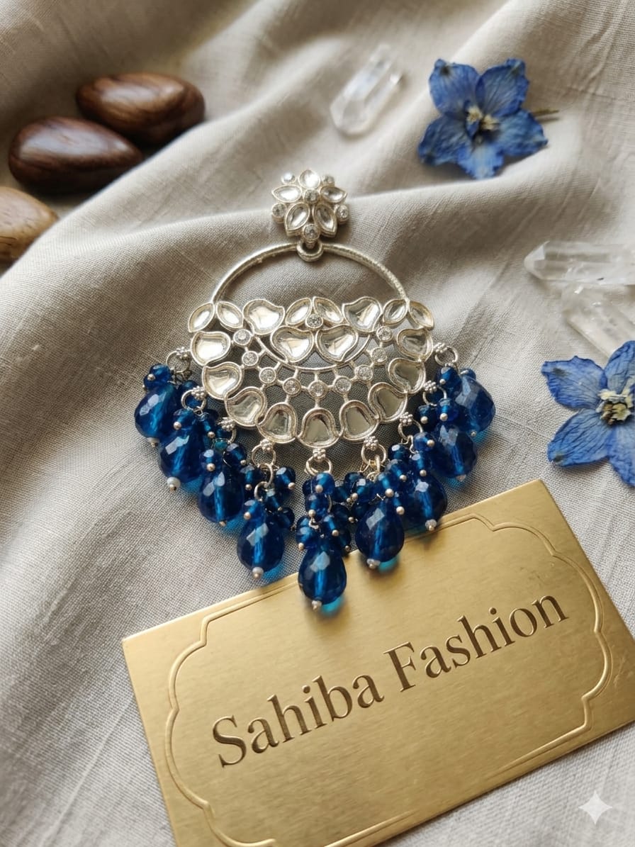 royal blue stone chandbali earrings with beads | anti tarnish party wear jhumka royal blue stone chandbali earrings with beads | anti tarnish party wear jhumka