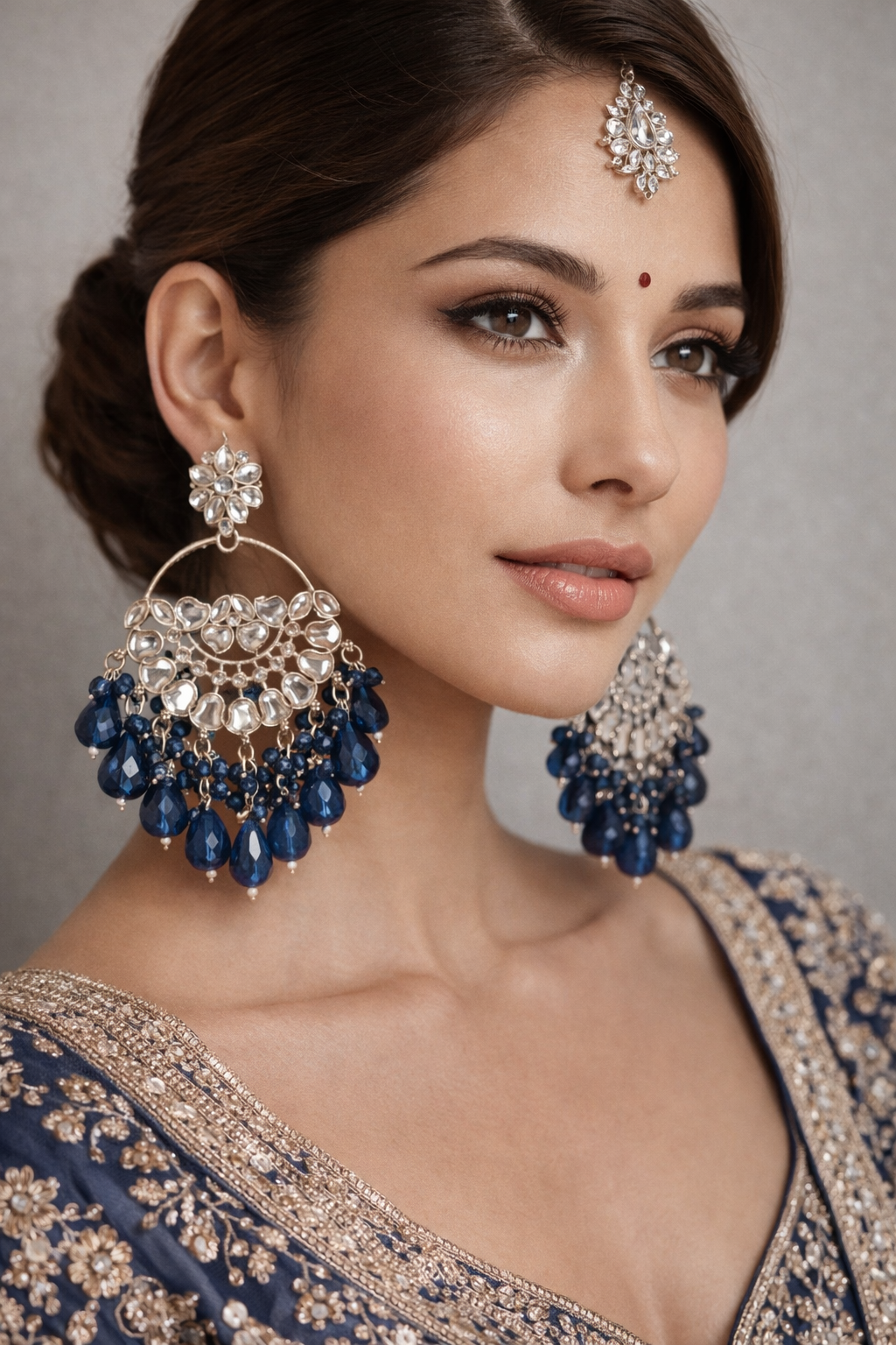 royal blue stone chandbali earrings with beads | anti tarnish party wear jhumka royal blue stone chandbali earrings with beads | anti tarnish party wear jhumka
