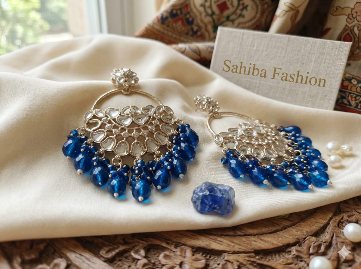 royal blue stone chandbali earrings with beads | anti tarnish party wear jhumka royal blue stone chandbali earrings with beads | anti tarnish party wear jhumka
