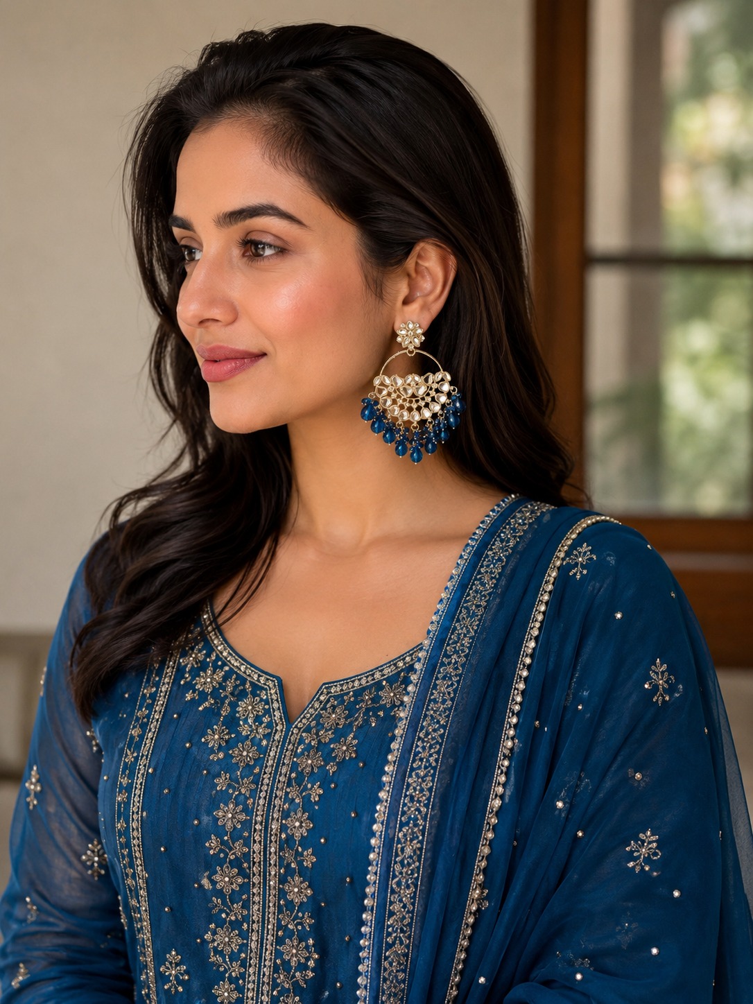 royal blue stone chandbali earrings with beads | anti tarnish party wear jhumka royal blue stone chandbali earrings with beads | anti tarnish party wear jhumka