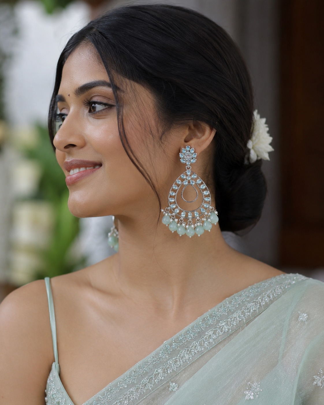 mint green teardrop statement earrings with beads | anti tarnish party wear jhumka mint green teardrop statement earrings with beads | anti tarnish party wear jhumka