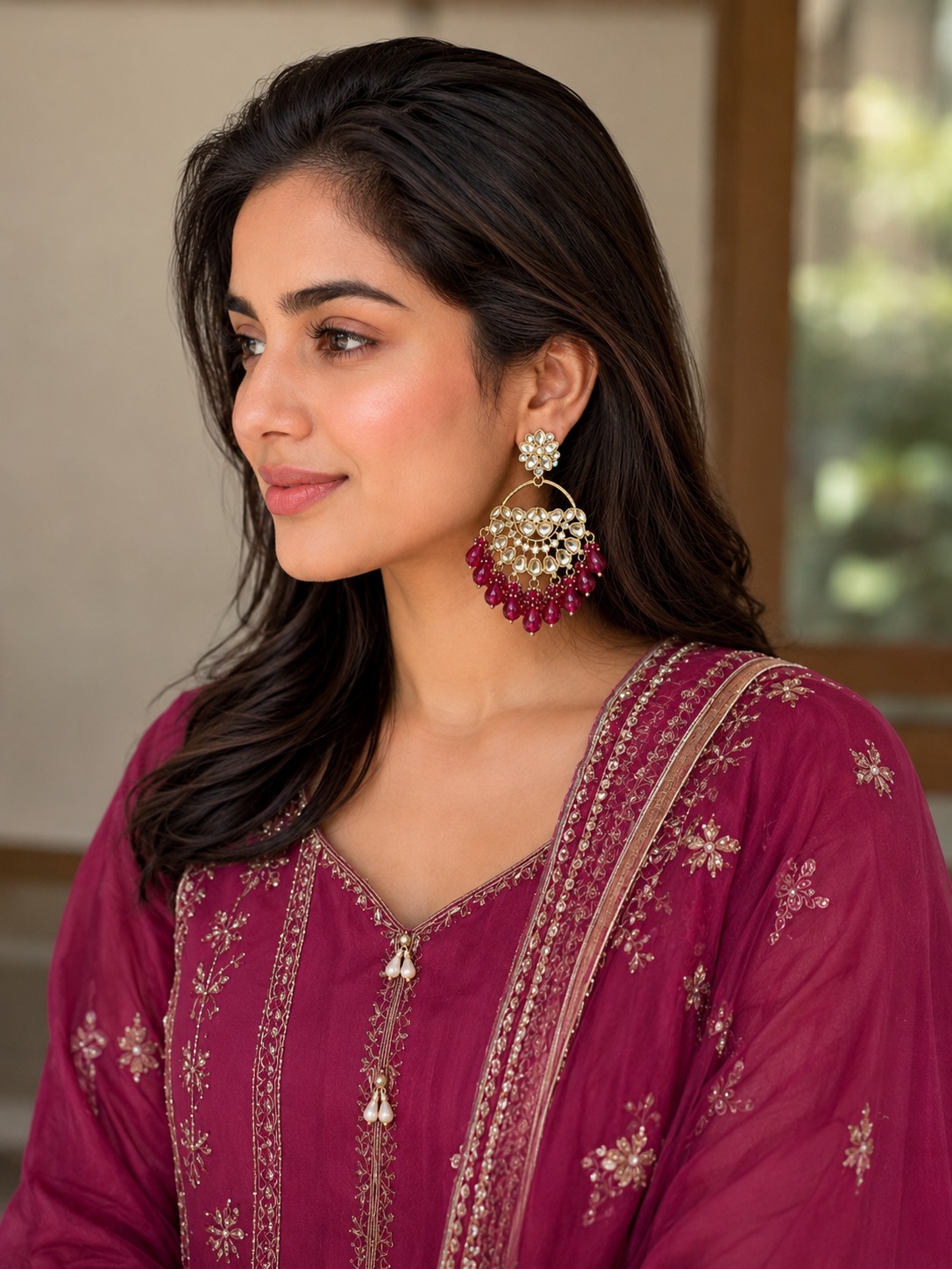burgundy stone chandbali earrings with beads | anti tarnish party wear jhumka burgundy stone chandbali earrings with beads | anti tarnish party wear jhumka