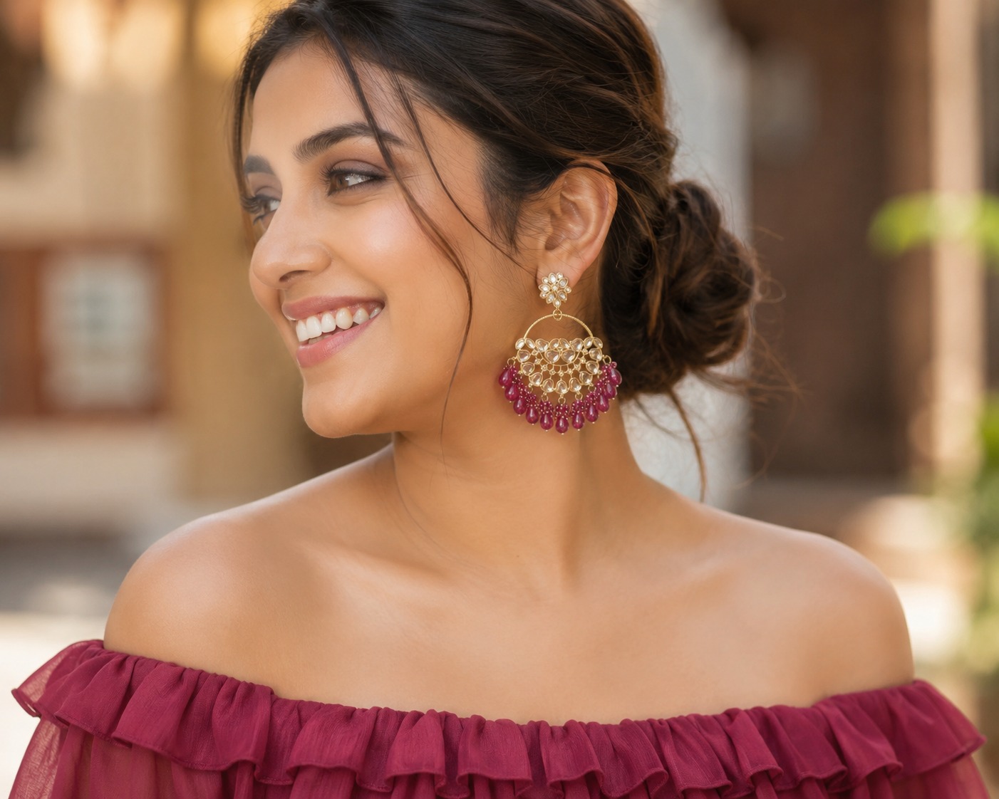 burgundy stone chandbali earrings with beads | anti tarnish party wear jhumka burgundy stone chandbali earrings with beads | anti tarnish party wear jhumka