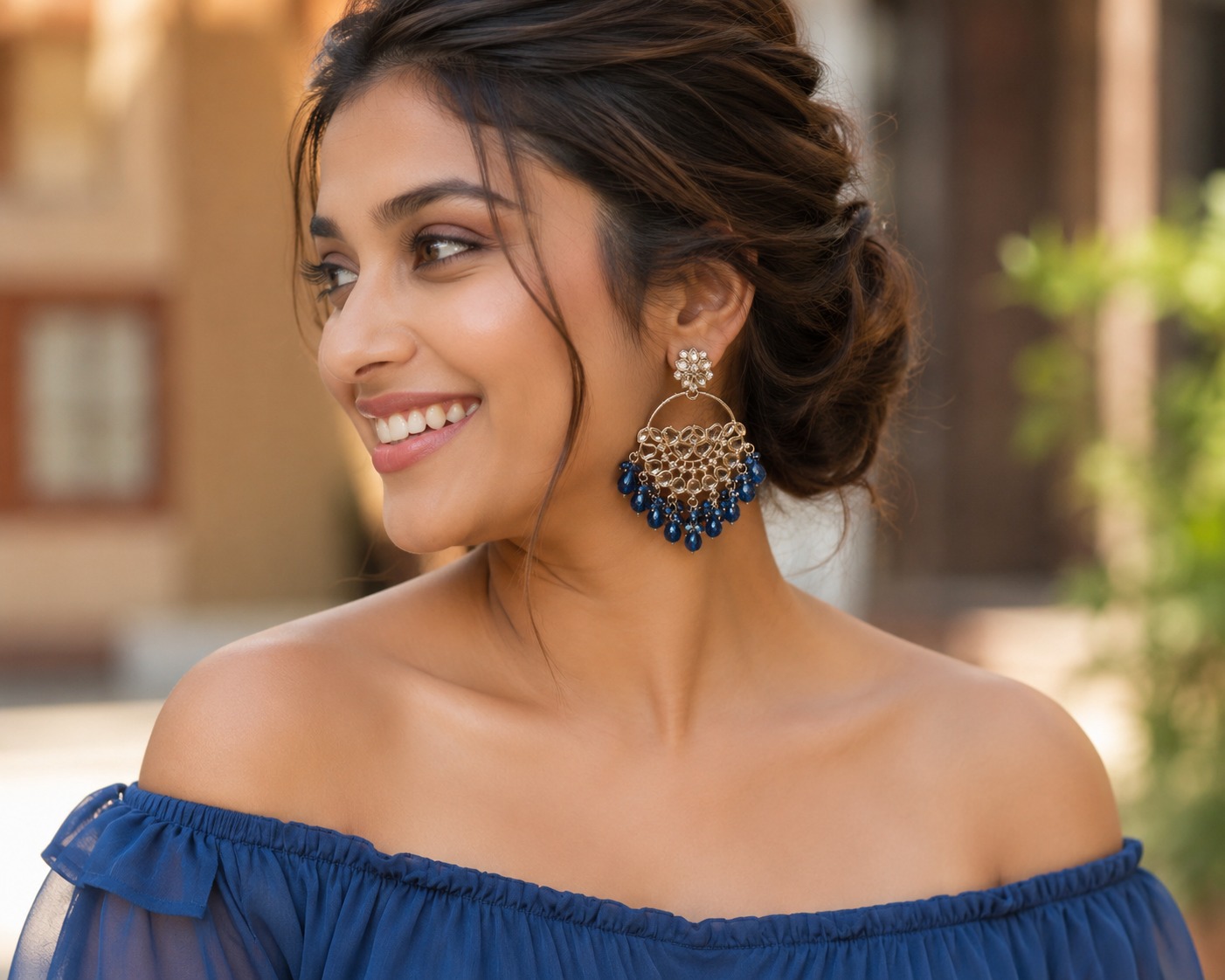 royal blue stone chandbali earrings with beads | anti tarnish party wear jhumka royal blue stone chandbali earrings with beads | anti tarnish party wear jhumka