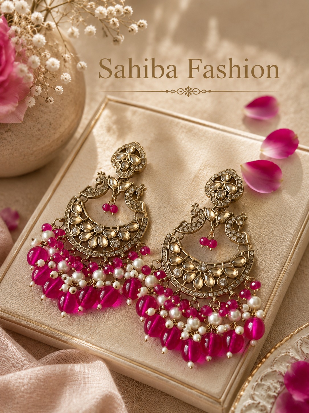 pink chandbali earrings with beads | anti tarnish festive statement jhumka pink chandbali earrings with beads | anti tarnish festive statement jhumka