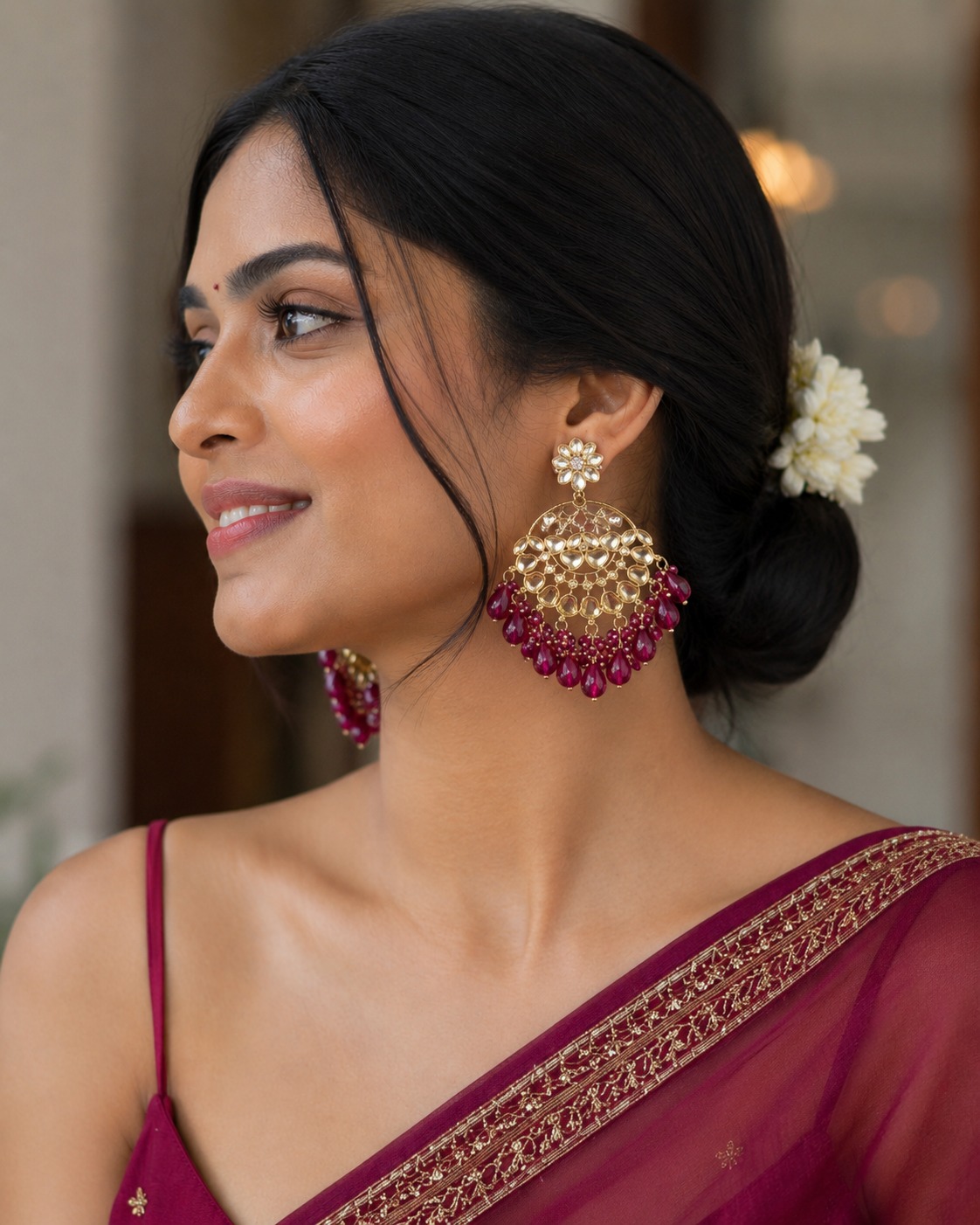 burgundy stone chandbali earrings with beads | anti tarnish party wear jhumka burgundy stone chandbali earrings with beads | anti tarnish party wear jhumka