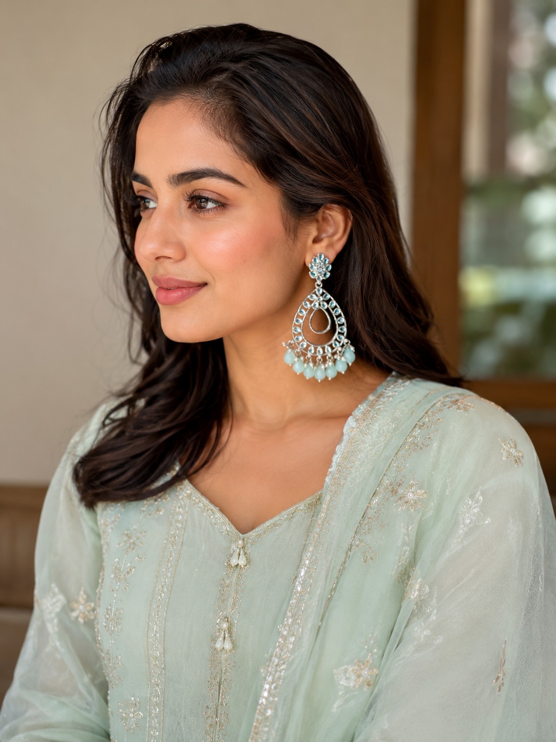 mint green teardrop statement earrings with beads | anti tarnish party wear jhumka mint green teardrop statement earrings with beads | anti tarnish party wear jhumka