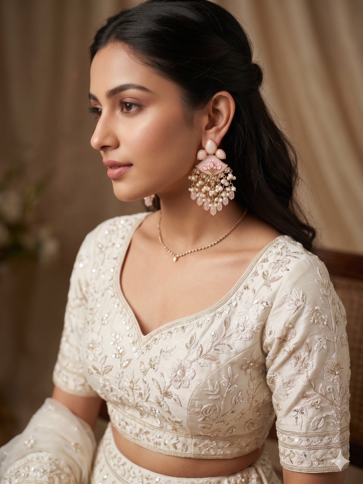 baby pink kundan pearl tassel earrings for women | ethnic fusion statement earrings Woman wearing baby pink Kundan drop earrings with pearl danglers paired with an elegant ivory embroidered outfit.