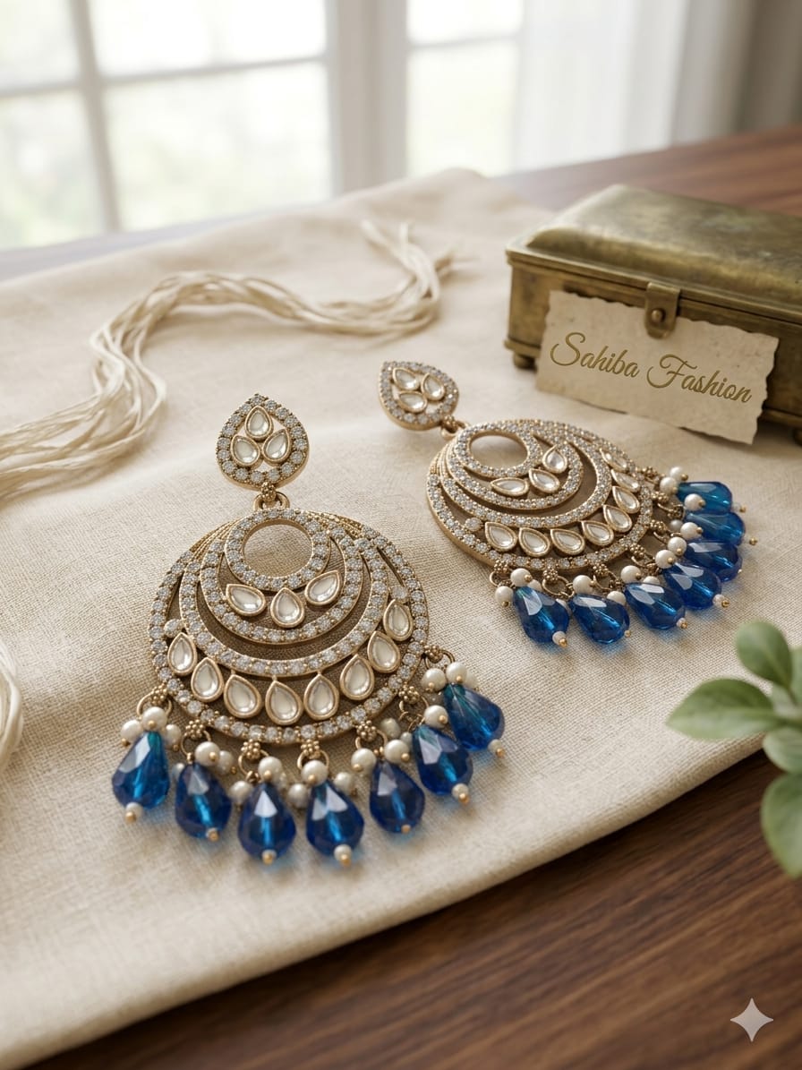 blue pearl chandbali earrings with drops | anti tarnish festive statement jhumka blue pearl chandbali earrings with drops | anti tarnish festive statement jhumka