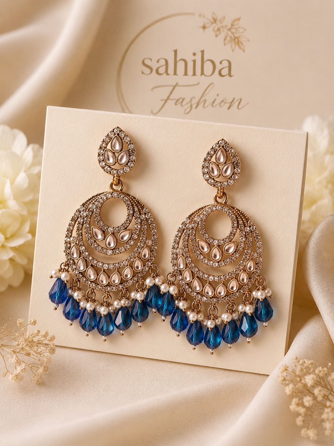 blue pearl chandbali earrings with drops | anti tarnish festive statement jhumka blue pearl chandbali earrings with drops | anti tarnish festive statement jhumka