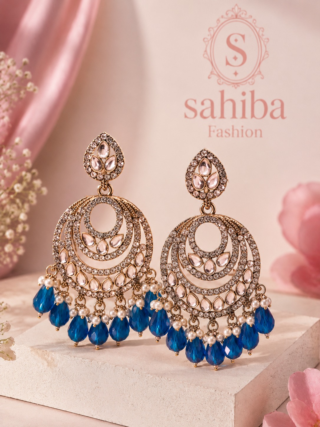 blue pearl chandbali earrings with drops | anti tarnish festive statement jhumka blue pearl chandbali earrings with drops | anti tarnish festive statement jhumka