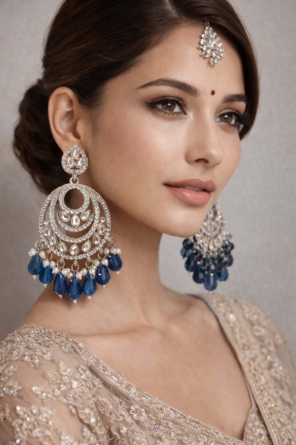 blue pearl chandbali earrings with drops | anti tarnish festive statement jhumka blue pearl chandbali earrings with drops | anti tarnish festive statement jhumka