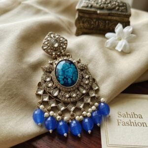 blue resin stone statement chandbali earrings with beads anti tarnish festive jhumka