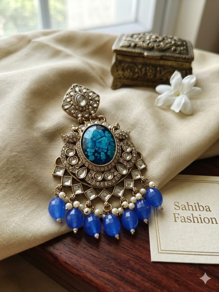 blue resin stone statement chandbali earrings with beads anti tarnish festive jhumka blue resin stone statement chandbali earrings with beads anti tarnish festive jhumka