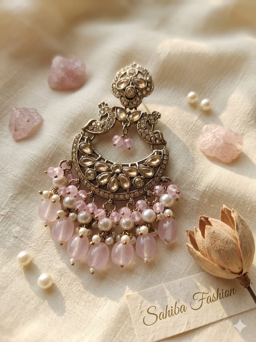 blush pink pearl chandbali earrings with beads | anti tarnish festive statement jhumka blush pink pearl chandbali earrings with beads | anti tarnish festive statement jhumka