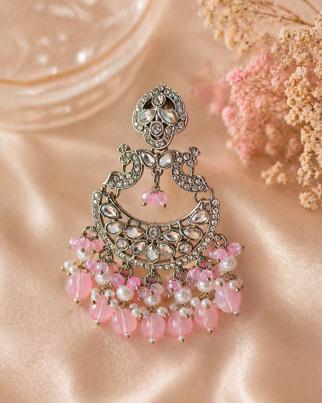blush pink pearl chandbali earrings with beads | anti tarnish festive statement jhumka blush pink pearl chandbali earrings with beads | anti tarnish festive statement jhumka