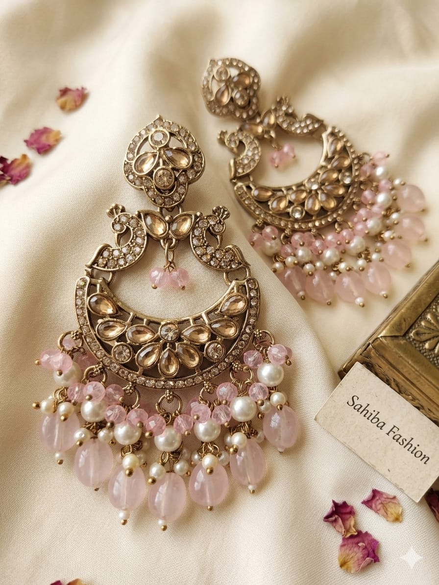 blush pink pearl chandbali earrings with beads | anti tarnish festive statement jhumka blush pink pearl chandbali earrings with beads | anti tarnish festive statement jhumka