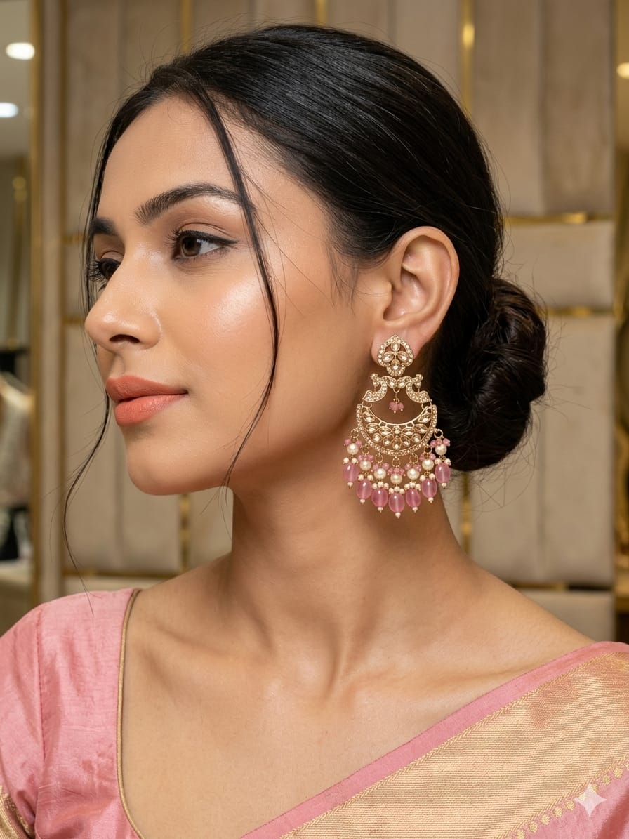 blush pink pearl chandbali earrings with beads | anti tarnish festive statement jhumka blush pink pearl chandbali earrings with beads | anti tarnish festive statement jhumka
