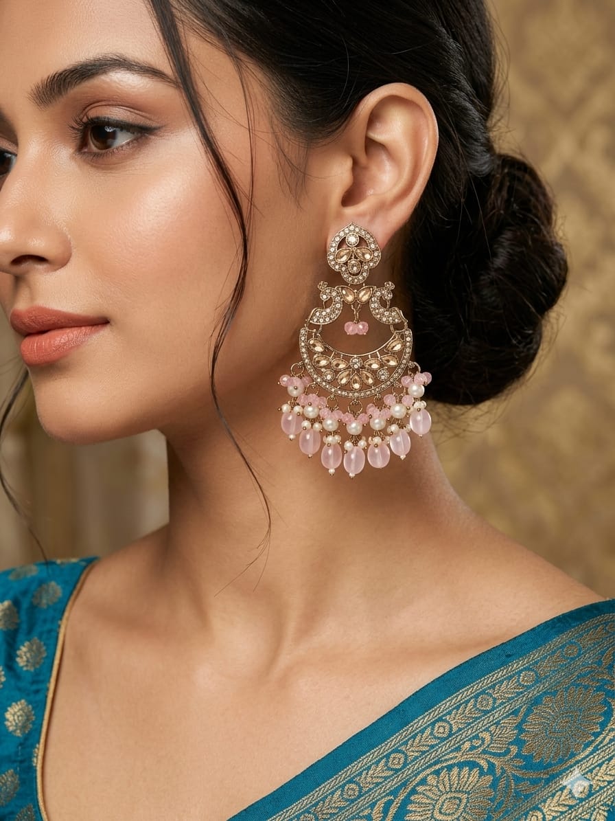 blush pink pearl chandbali earrings with beads | anti tarnish festive statement jhumka blush pink pearl chandbali earrings with beads | anti tarnish festive statement jhumka