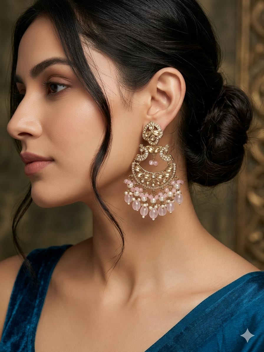 blush pink pearl chandbali earrings with beads | anti tarnish festive statement jhumka blush pink pearl chandbali earrings with beads | anti tarnish festive statement jhumka