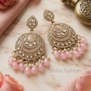 blush pink pearl chandbali earrings with drops | anti tarnish festive statement jhumka