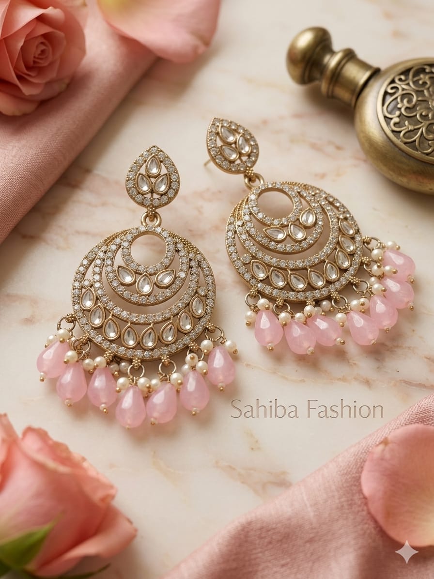 blush pink pearl chandbali earrings with drops | anti tarnish festive statement jhumka blush pink pearl chandbali earrings with drops | anti tarnish festive statement jhumka