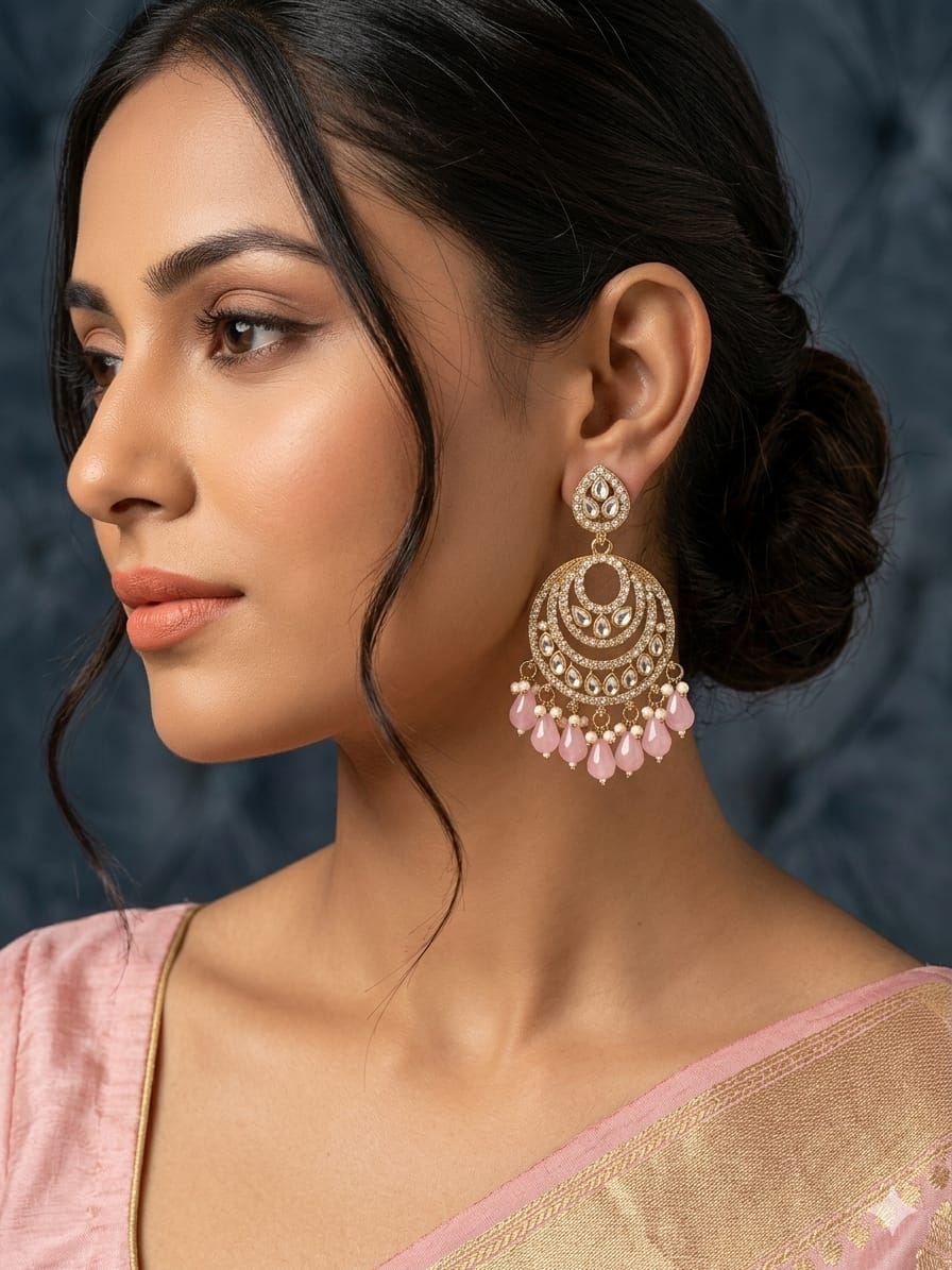 blush pink pearl chandbali earrings with drops | anti tarnish festive statement jhumka blush pink pearl chandbali earrings with drops | anti tarnish festive statement jhumka