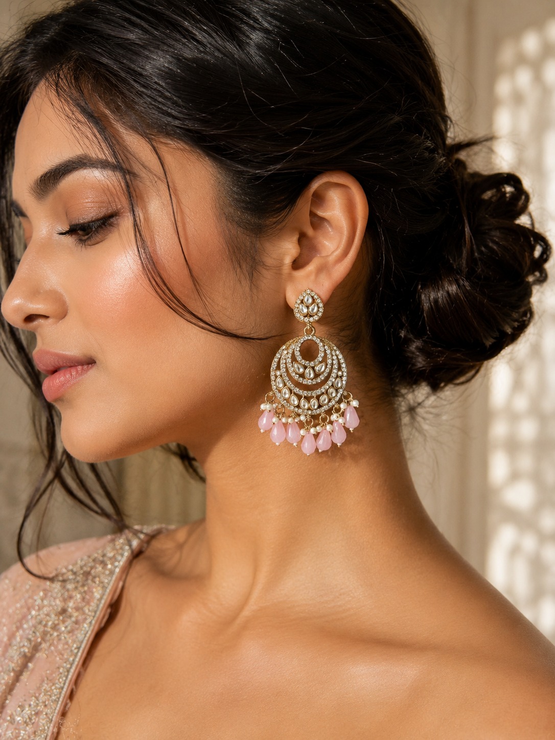 blush pink pearl chandbali earrings with drops | anti tarnish festive statement jhumka blush pink pearl chandbali earrings with drops | anti tarnish festive statement jhumka
