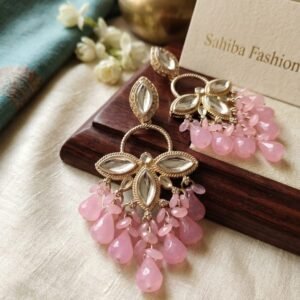 blush pink floral drop earrings with beads | anti tarnish party wear pink jhumka