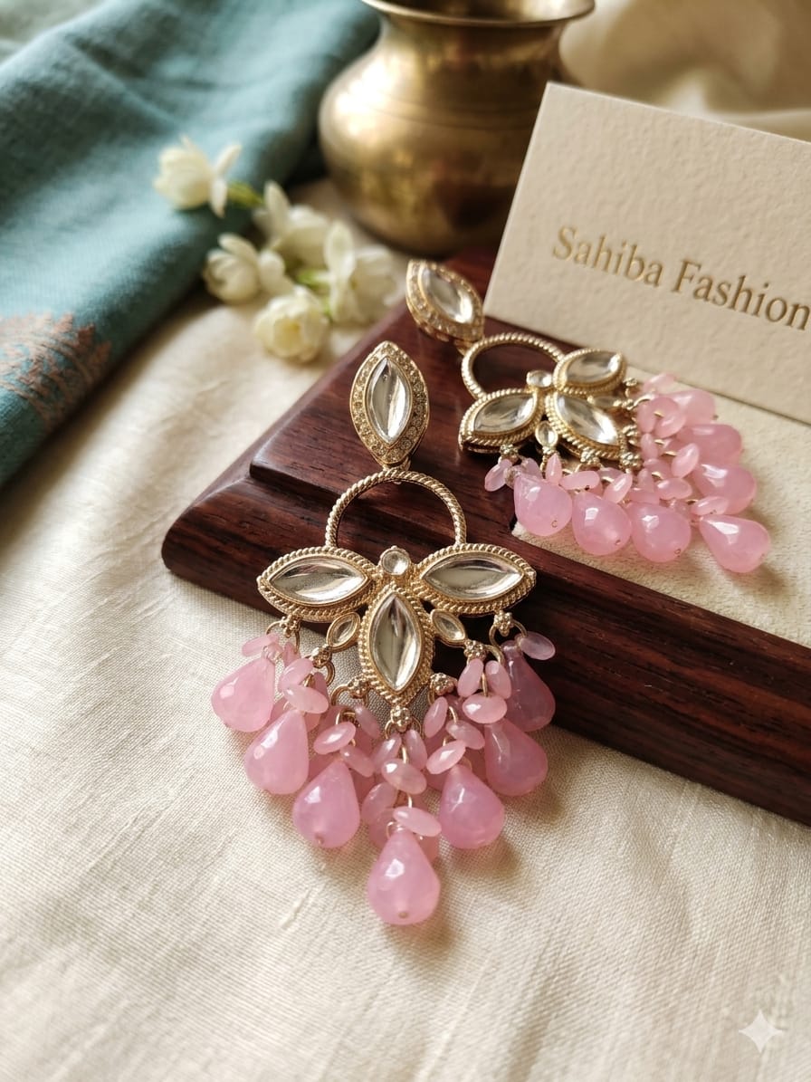 blush pink floral drop earrings with beads | anti tarnish party wear pink jhumka blush pink floral drop earrings with beads | anti tarnish party wear pink jhumka