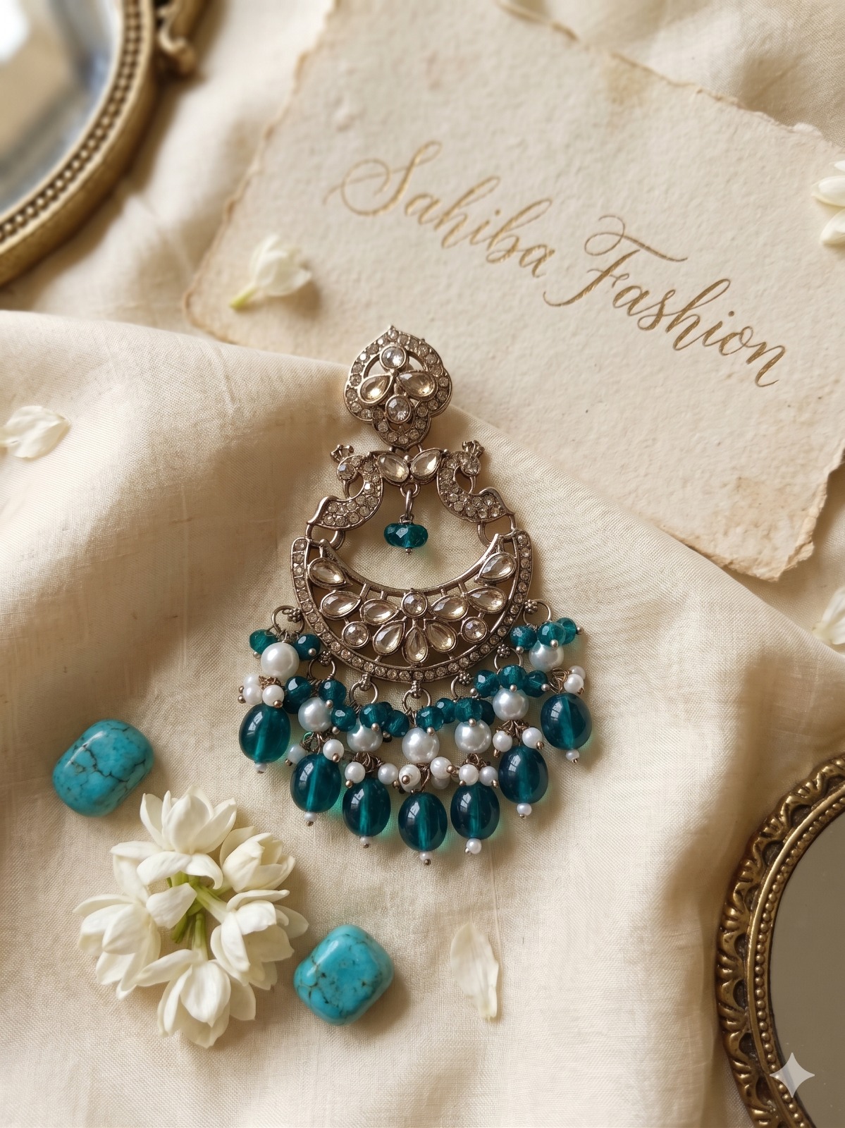 green pearl chandbali earrings with beads | anti tarnish festive statement jhumka green pearl chandbali earrings with beads | anti tarnish festive statement jhumka