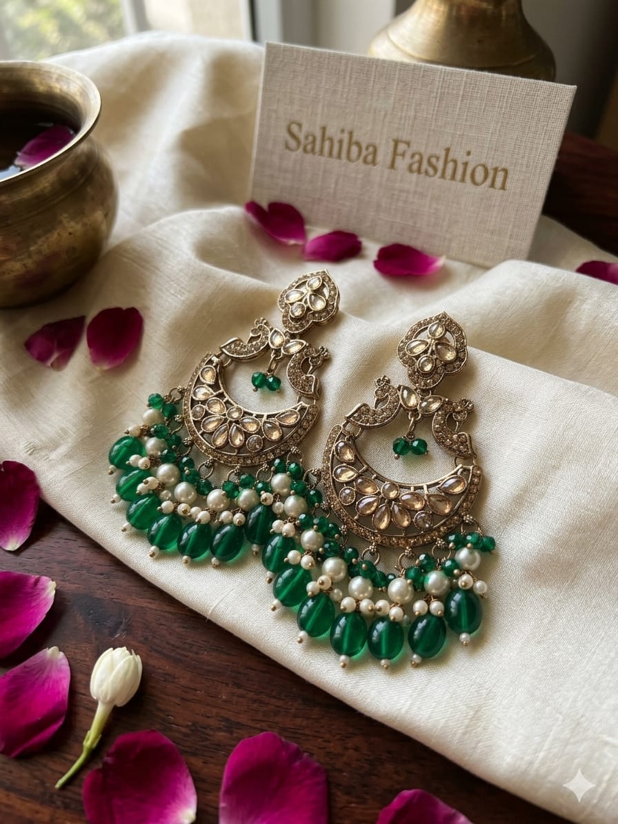 green pearl chandbali earrings with beads | anti tarnish festive statement jhumka green pearl chandbali earrings with beads | anti tarnish festive statement jhumka