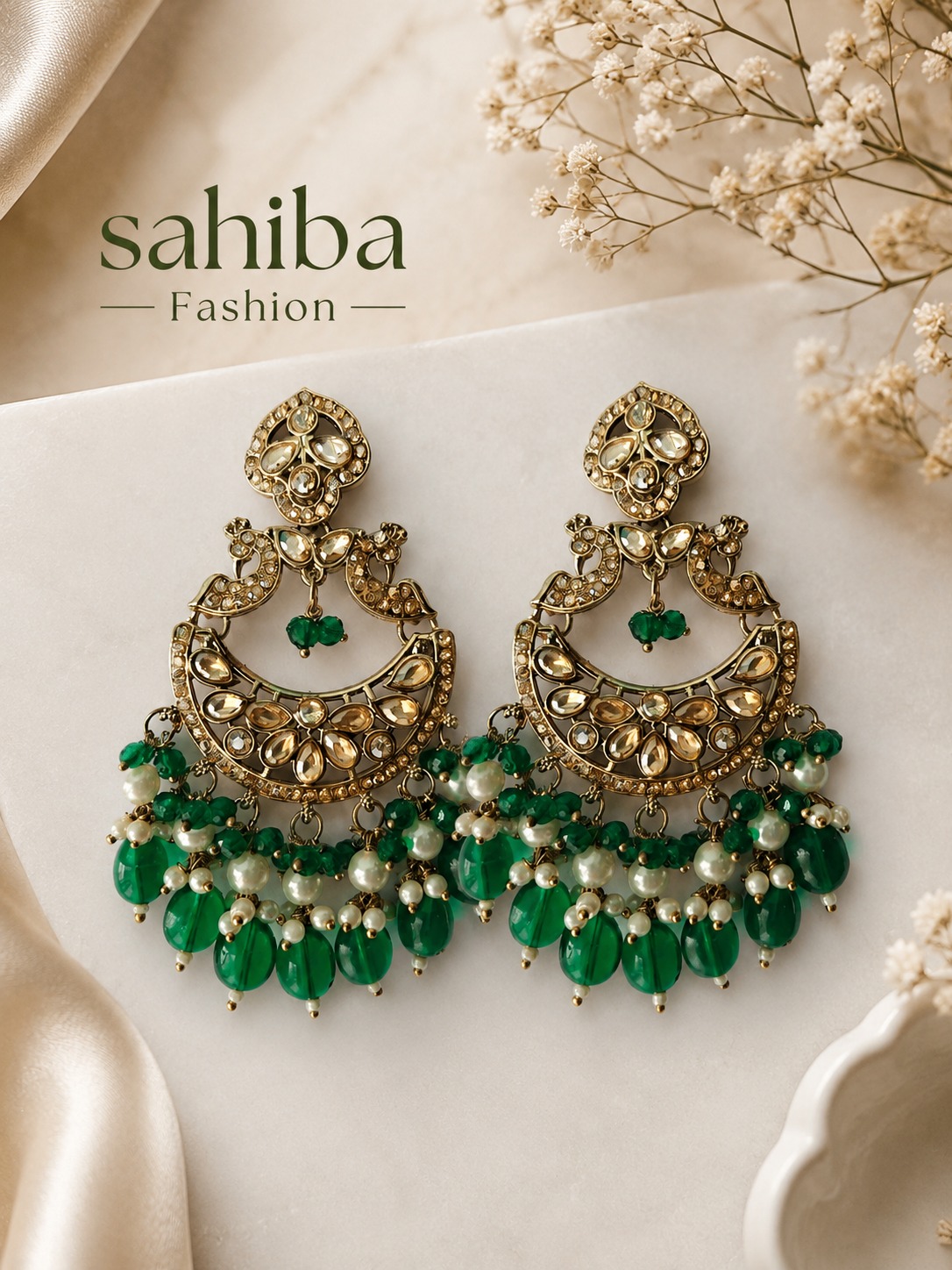 green pearl chandbali earrings with beads | anti tarnish festive statement jhumka green pearl chandbali earrings with beads | anti tarnish festive statement jhumka