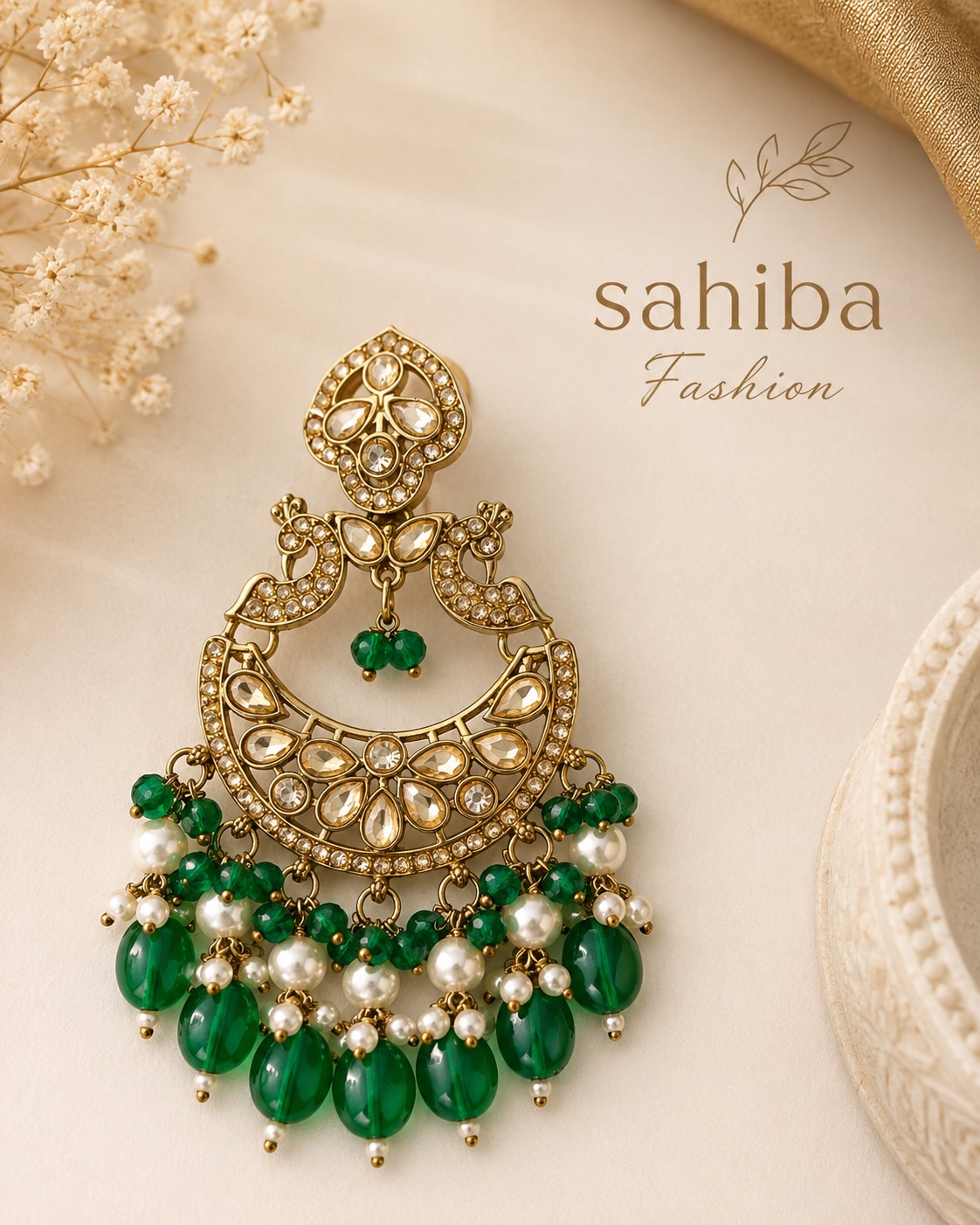 green pearl chandbali earrings with beads | anti tarnish festive statement jhumka green pearl chandbali earrings with beads | anti tarnish festive statement jhumka