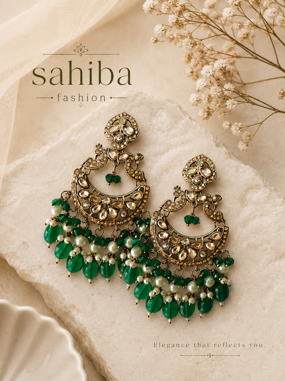 green pearl chandbali earrings with beads | anti tarnish festive statement jhumka green pearl chandbali earrings with beads | anti tarnish festive statement jhumka