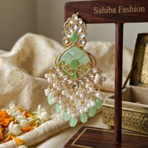mint green stone & pearl drop statement earrings | anti tarnish festive designer earrings