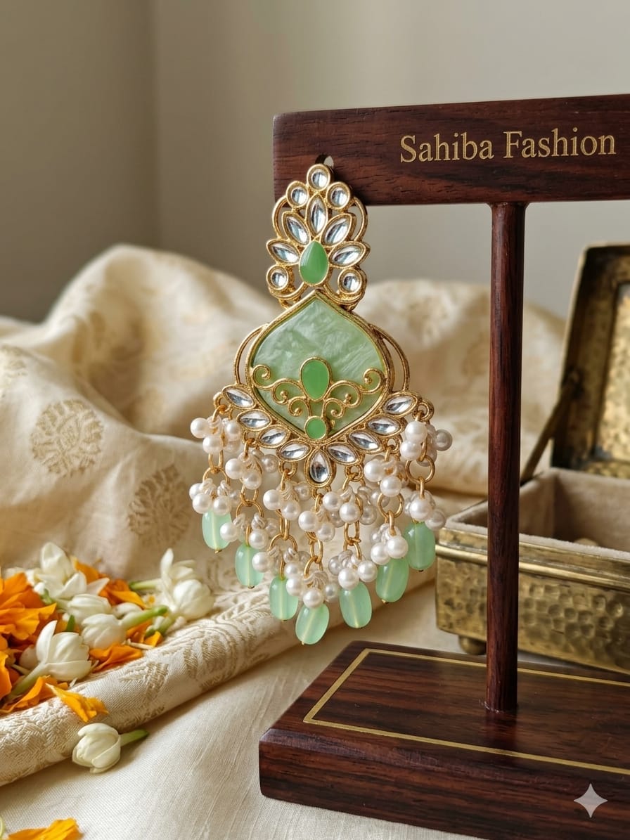 mint green stone & pearl drop statement earrings | anti tarnish festive designer earrings mint green stone & pearl drop statement earrings | anti tarnish festive designer earrings