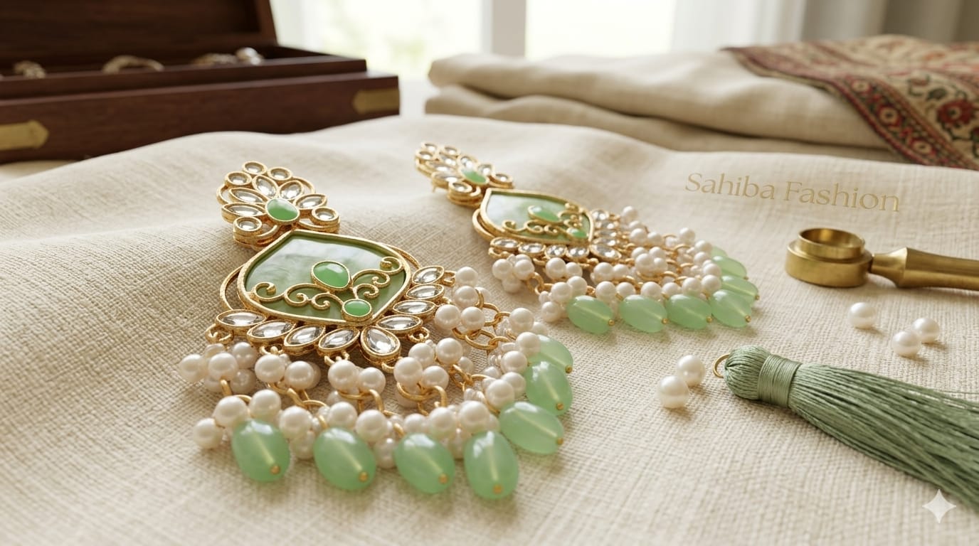 mint green stone & pearl drop statement earrings | anti tarnish festive designer earrings mint green stone & pearl drop statement earrings | anti tarnish festive designer earrings