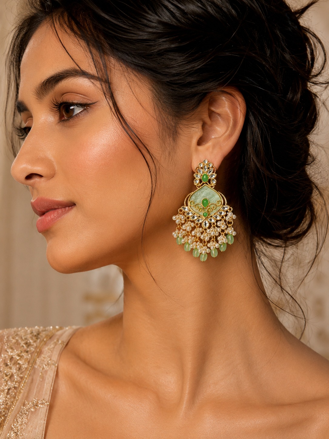 mint green stone & pearl drop statement earrings | anti tarnish festive designer earrings mint green stone & pearl drop statement earrings | anti tarnish festive designer earrings