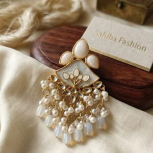 off white kundan pearl tassel earrings for women | ethnic fusion statement earrings