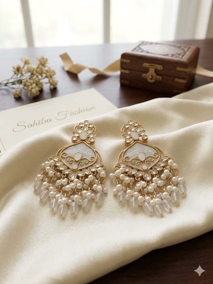 off white stone & pearl drop statement earrings | anti tarnish festive designer earrings off white stone & pearl drop statement earrings | anti tarnish festive designer earrings
