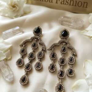 elegant champagne black stone kundan chandelier earrings for women – traditional indian bridal jewelry