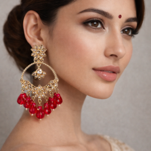 ruby red stone chandbali earrings with beads | anti tarnish party wear jhumka